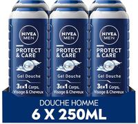 Gel Douche Protect & Care (Lot 6x250 Ml) ¿ Soin Lavant Enrichi En Aloe Vera Naturel ¿ Gel Douche Homme 3 En 1 ¿ Soin Nettoyant Corps Visage Et Cheveux À La Formule Hydratante