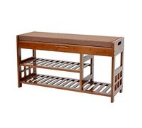 GELASIGE Banc à chaussures à trois niveaux en bambou avec rangement rembourré rabattable pour salon, porche, chambre à coucher, couloir, banc à chaussures pour entrée
