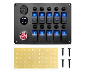 Geloo 10 Gang Panneau de Commutation, Étanche IP65 Panneau de Interrupteur à Bascule 12 V/24 V avec Disjoncteur LED et Bouton du Haut-parleur pour Voitures, Bateaux, Camping-cars, Camions