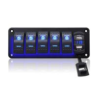 Geloo 5 Gang Panneau de Commutateur à Bascule étanche 12V/24V Marine Interrupteur avec 4,8A Dual-USB LED Voltmètre Interrupteur à Bascule pour Voiture Bateau Camion Camping-car