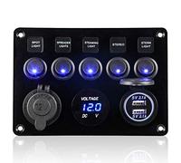 Geloo 5 Gang Panneau de Interrupteur à Bascule 12V/24V Étanche IP65 Panneau de Commutateur avec Chargeur Double USB Voltmètre Numérique pour Voiture Bateau Camion RV Marine Camping-car