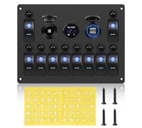 Geloo Panneau de Commutation à Bascule à 10 Gang 12 V 24 V Interrupteur à Bascule Étanche avec Disjoncteur Voltmètre Prise Allume-cigare Double Chargeur USB