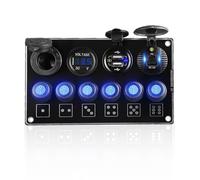 Geloo Panneau de Commutation Étanche 12 V 24 V 6 Vitesses avec Double USB QC3.0 Chargeur Rapide PD Type C, Prise Allume-cigare et Voltmètre Numérique LED pour Voiture, Bateau, Caravane, Camion
