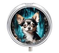 Gem Cave Pilulier de voyage pour chihuahua - 3 compartiments avec petit miroir, pilulier portable pour poche et sac à main, joli étui à médicaments rond, récipient à médicaments hebdomadaire
