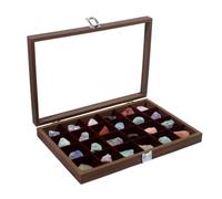 Gem Display Case - Crystal Rock Storage Box 24 Grids Wooden Organizer