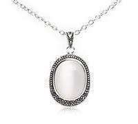 GEM-INSIDE CREATE YOUR OWN FASHION Femmes 15x19mm Ovale Blanc Oeil De Chat Perles Marcassite Pendentif En Argent pour Collier De Mode Bijoux Cadeau
