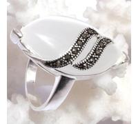 Gem-inside femmes 17x32mm marquise blanc oeil de chat perles tibétain argent marcassite bague bijoux cadeau