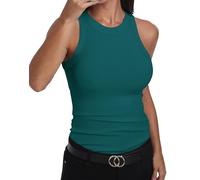 GEMBERA Débardeur ajusté sans manches à dos nageur et col montant en coton côtelé pour femme, bleu sarcelle, Taille XL