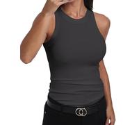 GEMBERA Débardeur ajusté sans manches à dos nageur et col montant en coton côtelé pour femme, gris foncé, Taille S