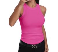 GEMBERA Débardeur ajusté sans Manches à Dos Nageur et col Montant en Coton côtelé pour Femme, Rose Fuchsia, Taille L