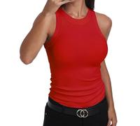 GEMBERA Débardeur ajusté sans manches à dos nageur et col montant en coton côtelé pour femme, Rouge, Taille L