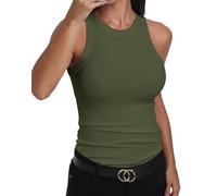 GEMBERA Débardeur ajusté sans Manches à Dos Nageur et col Montant en Coton côtelé pour Femme, Vert Olive., Taille XL