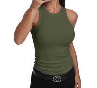 GEMBERA Débardeur ajusté sans manches à dos nageur et col montant en coton côtelé pour femme, Vert olive., Taille M