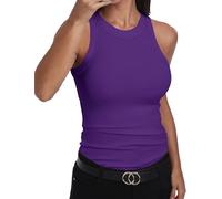 GEMBERA Débardeur ajusté sans manches à dos nageur et col montant en coton côtelé pour femme, violet, Taille M