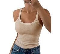 GEMBERA Débardeur sans manches en coton côtelé à bretelles spaghetti et col rond pour femme, Beige clair., Taille M