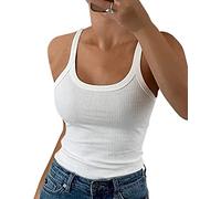GEMBERA Débardeur sans manches en coton côtelé à bretelles spaghetti et col rond pour femme, blanc, Taille S