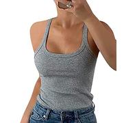 GEMBERA Débardeur sans manches en coton côtelé à bretelles spaghetti et col rond pour femme, gris, Taille L