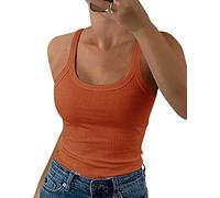 GEMBERA Débardeur sans manches en coton côtelé à bretelles spaghetti et col rond pour femme, Orange, Taille M