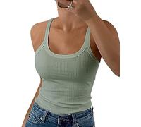 GEMBERA Débardeurs côtelés à bretelles spaghetti et col rond pour femme - Camisole ajustée en coton basique sans manches, vert sauge, Taille M