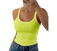 GEMBERA Débardeurs côtelés à bretelles spaghetti et col rond pour femme - Camisole ajustée en coton basique sans manches, vert fluorescent, Taille XL