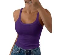 GEMBERA Débardeurs côtelés à bretelles spaghetti et col rond pour femme - Camisole ajustée en coton basique sans manches, violet, Taille XS