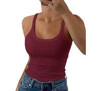 GEMBERA Débardeurs côtelés à bretelles spaghetti et col rond pour femme - Camisole ajustée en coton basique sans manches, bordeaux, Taille L