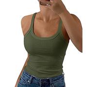 GEMBERA Débardeurs côtelés à bretelles spaghetti et col rond pour femme - Camisole ajustée en coton basique sans manches, Vert olive., Taille S