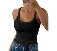 GEMBERA Débardeurs côtelés à bretelles spaghetti et col rond pour femme - Camisole ajustée en coton basique sans manches, noir, Taille XS