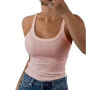 GEMBERA Débardeurs côtelés à bretelles spaghetti et col rond pour femme - Camisole ajustée en coton basique sans manches, Rose abricot, Taille S