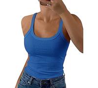 GEMBERA Débardeurs côtelés à bretelles spaghetti et col rond pour femme - Camisole ajustée en coton basique sans manches, bleu roi, Taille S