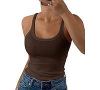 GEMBERA Débardeurs côtelés à bretelles spaghetti et col rond pour femme - Camisole ajustée en coton basique sans manches, marron, Taille M