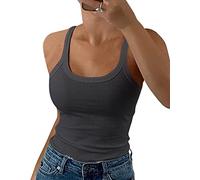 GEMBERA Débardeurs côtelés à bretelles spaghetti et col rond pour femme - Camisole ajustée en coton basique sans manches, gris foncé, Taille S