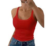 GEMBERA Débardeurs côtelés à bretelles spaghetti et col rond pour femme - Camisole ajustée en coton basique sans manches, Rouge, Taille M