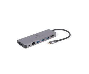 Gembird A-CM-COMBO5-05 : Adaptateur USB-C 3.2 Gen 1 Hub 8 Ports (3x USB-A, 1x USB-C, HDMI 4K 30Hz, RJ45 Gigabit Ethernet, Lecteur SD/MicroSD, PD 100W) Gris