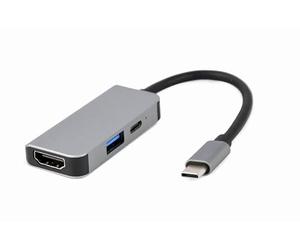 Gembird USB Type-C, 3 Ports, 3-in-1 Multi-Port Adapter HDMI, VGA, USB Hub, LAN, SD Reader, PD - Argent