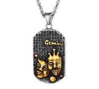 Gemeaux Bijoux en Acier Inoxydable-Pendentif Plaque Signe Astrologique Plaqué Or Bling Bling-Colliers 12 Constellations avec Chaîne Maille Singapour Réglable 55 à 60cm,Cadeau pour Hommes,Garçons