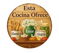Gemejutor Plaque Métallique Ronde Rétro 20cm - Inscription Espagnole 'Esta Cocina Ofrece Amor, Alimento, Alegría' avec Motif de Cuisine, Plaque Décorative Résistante aux Intempéries pour Cuisine,