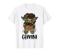 Gemini Girl Woman Afro Messy Chignon Camo Noir Femmes T-Shirt