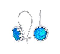 Gemmes Boucles D'Oreilles De Style Vintage Filigrane Avec Couronne Ronde Solitaire Opale Créée Bleue Pour Femmes .925 Argent Sterling Avec Fil Français