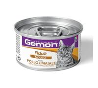 Gemon humide chat adulte mousse avec poulet et porc, aliment complémentaire pour chats adultes de toutes tailles | 12 boîtes de 85 grammes chacune.