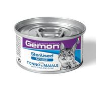 Gemon humide chat adulte stérilisé mousse avec thon et porc, aliment complémentaire pour chats adultes stérilisés de toutes tailles | 12 boîtes de 85 grammes chacune.