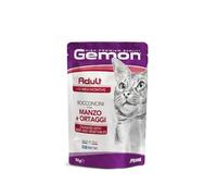 Gemon Humido chat adulte avec boeuf et légumes, aliment complémentaire pour chats adultes de toutes tailles | 12 sachets de 100 grammes chacun.