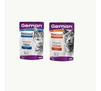 Gemon Humido Chat stérilisé avec thon et talon, aliment complémentaire pour chats adultes de toutes tailles | 12 sachets de 100 grammes chacun.
