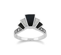 Gemondo Art Déco Bague, en Argent Sterling 925 Art Déco Émail Noir et Blanc & Marcassite Bague