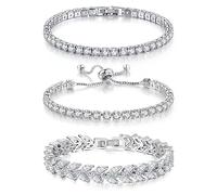 GEMOSA 3 Pcs Tennis Bracelet Set White Gold Plated Marquise Cubic Zirconia CZ Diamond Dainty Adjustable Rhinestone Sterling Silver Bracelets for Women Stackable Fashion Wedding Prom Gift