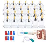 Gemsaya Lot de 24 ventouses en verre avec pompe à vide, avec forte puissance d'aspiration, ventouse et kit de massage avec poignée de pompe et tube d'extension pour soulager la fatigue musculaire