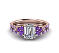 Gemsonclick Ensemble d'alliances Petite cathédrale Taille émeraude plaqué Or Rose Améthyste Naturel émeraude façonner Ensembles d'anneaux de Mariage Paver Réglage Taille 57