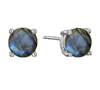 Gemsonclick ronde Argent naturel labradorite Stud Solitaire boucles d'oreilles pour les filles Mode Bijoux Birthstone pour Femmes Hommes avec Chakra dos papillon de guérison Boucles d'oreilles