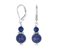 Gemstone Natural Blue Lapis Lazuli Boho Bali Milgrain Edged Beaded Rondel Separator Double Ball Round Drop Dangle Earrings For Women Teen .925 Sterling Silver Lever Back