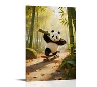 GEMTOFNMA Décoration murale contemporaine à suspendre avec un panda sur un skateboard se précipitant vers le bas d'une pente de forêt de bambou, la pousse de bambou dans ses bras oscillant 40 x 60 cm